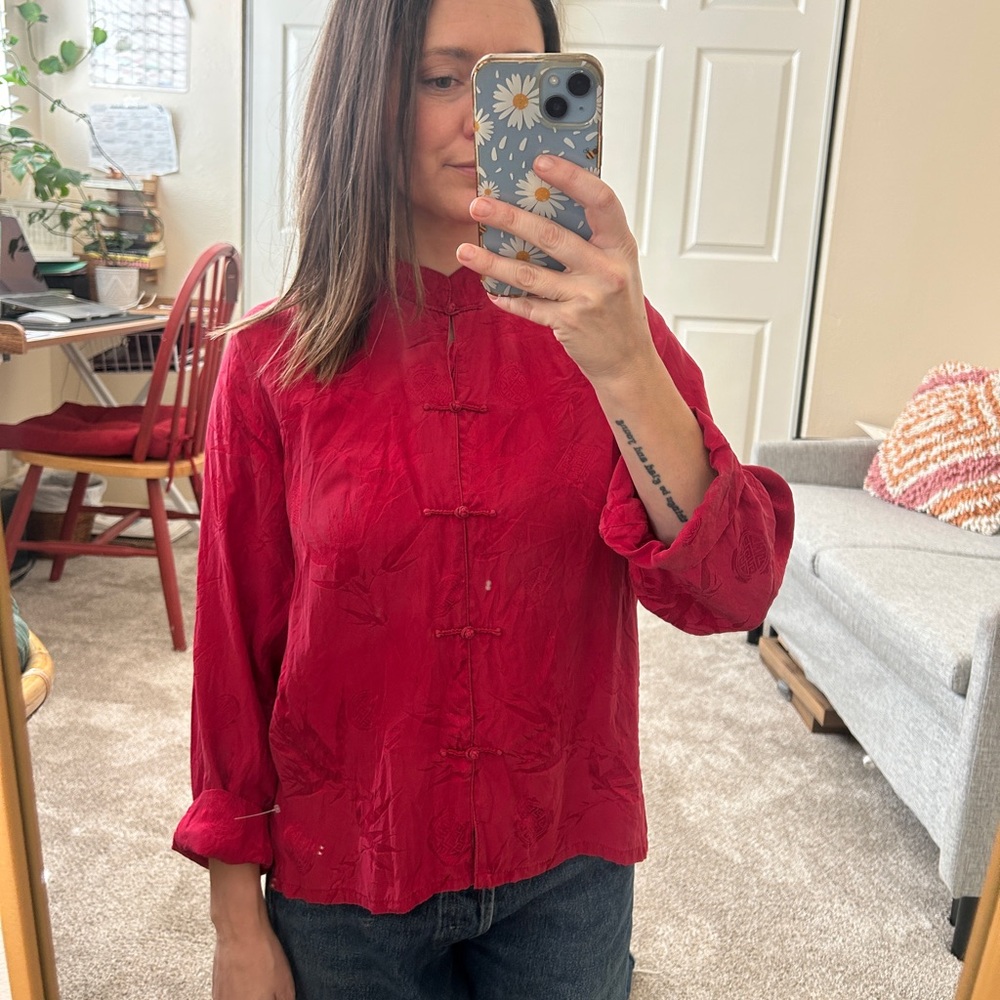 Vintage Silk Mandarin Collar Blouse Collarless in Red Bamboo size Small